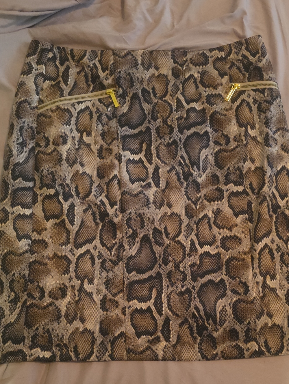 Michael Kors Brown Snake-Print Mini Skirt with Gold Zippers